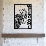May include: Black metal wall art featuring a rooster head with the word "WELCOME" vertically displayed to the right.