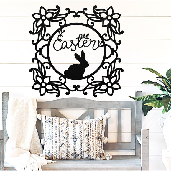 Floral Easter Bunny Sign ~ Metal Porch Sign | Front Door Sign | Personalized Entrance Sign | Metal Spring Sign