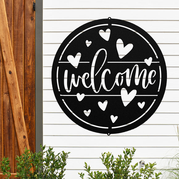 Welcome Hearts Metal Sign ~ Metal Porch Sign | Front Door Sign | Personalized Entrance Sign | Metal Spring Sign