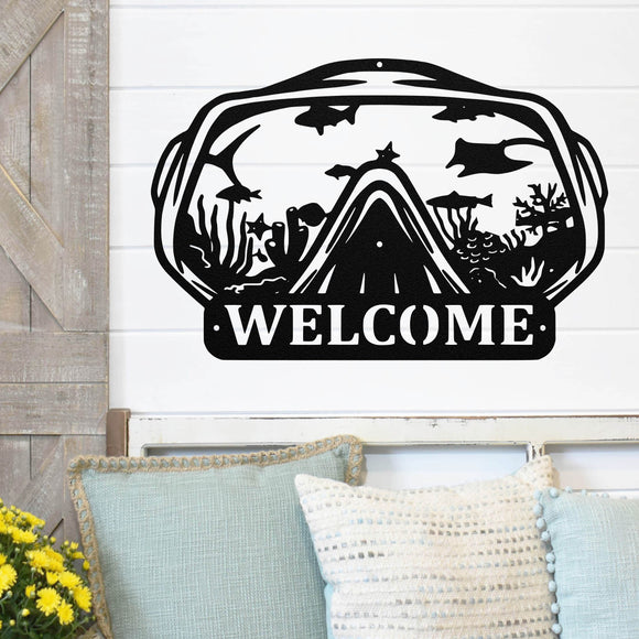 Welcome Scuba Mask Sign ~ Metal Porch Sign - Outdoor Sign - Front Door Sign - Metal Beach Sign - Beach House