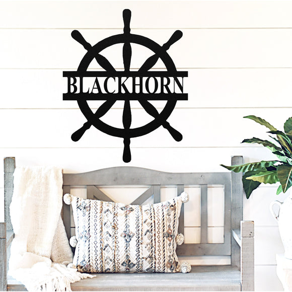 Boat Wheel Family Name Sign ~ Metal Porch Sign - Outdoor Sign - Front Door Sign - Metal Lake Sign - Lake House