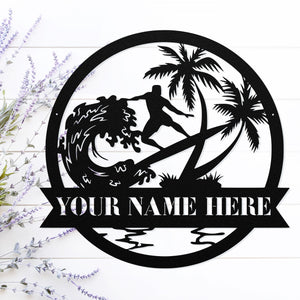 Surfing Family Name Sign ~ Metal Porch Sign - Outdoor Sign - Front Door Sign - Metal Beach Sign - Beach House