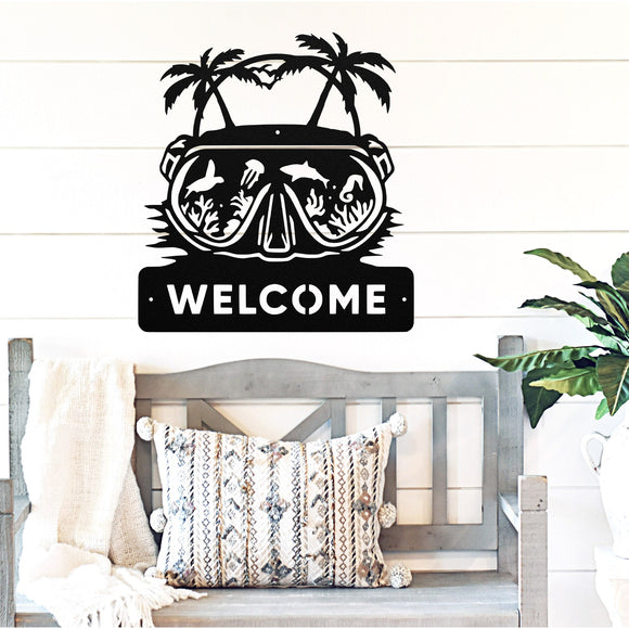 Welcome Scuba Mask Sign ~ Metal Porch Sign - Outdoor Sign - Front Door Sign - Metal Beach Sign - Beach House