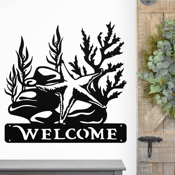 Starfish Welcome Sign ~ Metal Porch Sign - Outdoor Sign - Front Door Sign - Metal Beach Sign - Beach House