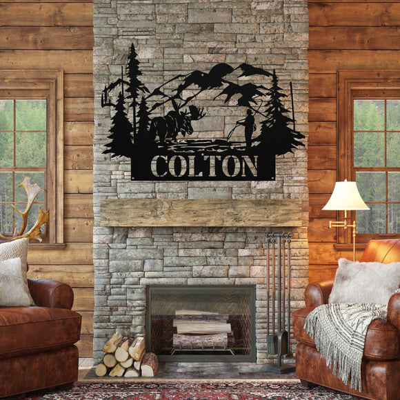 Moose & Fishing Name Sign ~ Metal Porch Sign | Outdoor Sign | Front Door Sign | Metal Hunting Sign | Cabin Sign