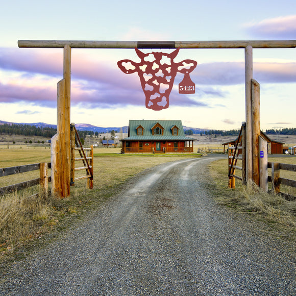 House Number Cow Tag Sign ~ Metal Porch Sign | Metal Gate Sign | Farm Entrance Sign | Metal Farmhouse | Cow Sign | Highland Cow | Address