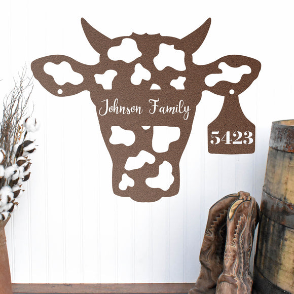 House Number Cow Tag Sign ~ Metal Porch Sign | Metal Gate Sign | Farm Entrance Sign | Metal Farmhouse | Cow Sign | Highland Cow | Address