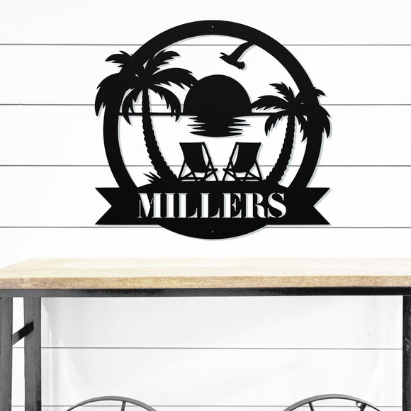 Custom Beach Decor | Nautical Decor | Lake House Decor | Summer Beach House Sign | Metal Coastal Decor | Outdoor Sign Sunset Beach Monogram