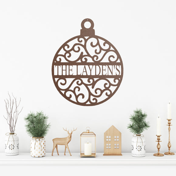 Christmas Ornament Last Name Sign ~ Christmas Door Hanger, Personalized Christmas Décor, Custom Winter Porch Sign, Metal Christmas Sign