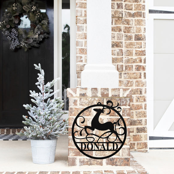 Christmas Deer Ornament Family Name Sign ~ Christmas Door Hanger, Personalized Christmas Décor, Custom Winter Porch Sign, Metal Christmas