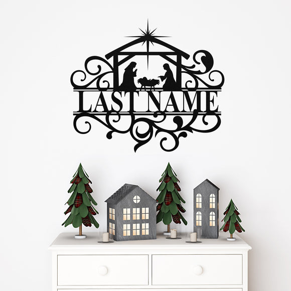 Nativity Family Name Christmas Sign ~ Christmas Door Hanger, Personalized Christmas Décor, Custom Winter Porch Sign, Metal Christmas Sign
