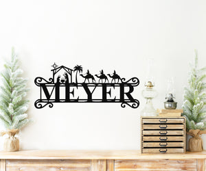Nativity Family Name Christmas Sign ~ Christmas Door Hanger, Personalized Christmas Décor, Custom Winter Porch Sign, Metal Christmas Sign