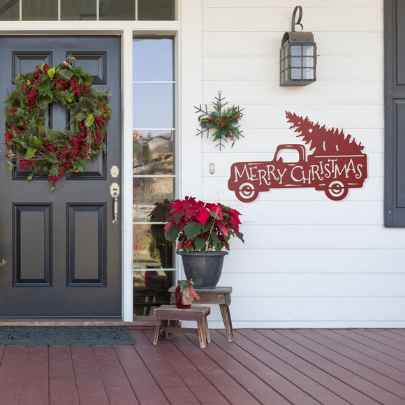 Merry Christmas Truck Metal Porch Sign ~ Custom Metal Door Hanger, Personalized Christmas Decor, Winter Porch Sign, Metal Christmas Sign