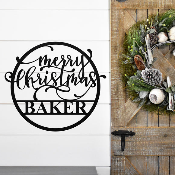 Merry Christmas Ornament Family Name Sign ~ Christmas Door Hanger, Personalized Christmas Décor, Custom Winter Porch Sign, Metal Christmas