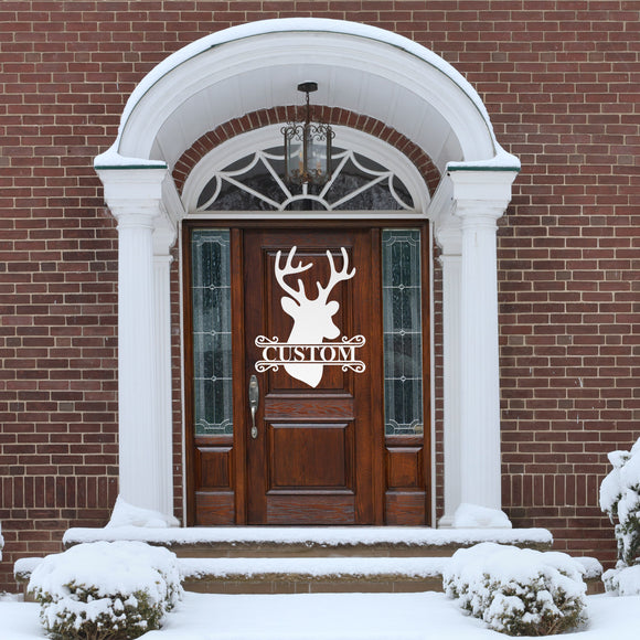 Deer Head Family Name Christmas Sign ~ Christmas Door Hanger, Personalized Christmas Décor, Custom Winter Porch Sign, Metal Christmas Sign