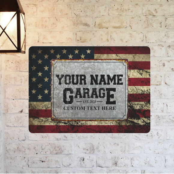 Custom Garage Sign, Personalized Rustic American Flag Design Metal Sign, Garage Metal Sign, Gift For Dad, Gift For Him, Father's Day Gift