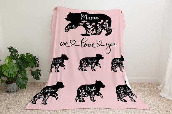 Personalized Mama Bear Blanket, Mom Blanket, Custom Names Soft Cozy Sherpa Fleece Throw Blankets, Gift for Mom, Grandma, Mother's Day Gift