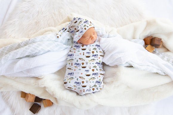 Fishing Swaddle Set, Fish Swaddle Blanket, Personalized Baby Blanket, Fishing Nursery, Fishing Baby Blanket, Fishing Swaddle Blanket
