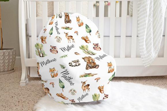 Woodland Car Seat Cover, Woodland Baby Blanket, Personalized Swaddle Blanket, Woodland Animal Baby Nursery, Custom Name Blanket, Woodland