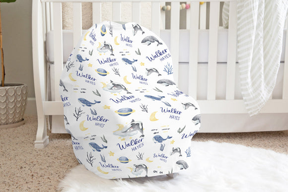 Personalized Whale Car Seat Cover, Nautical Whale Nursery Baby Boy Blanket, Baby Swaddle Nautical Baby Shower Gift, Name Baby Blanket