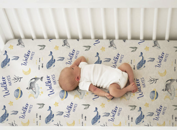 Personalized Whale Crib Sheet, Nautical Whale Nursery Baby Boy Blanket, Baby Swaddle Nautical Baby Shower Gift, Name Baby Blanket