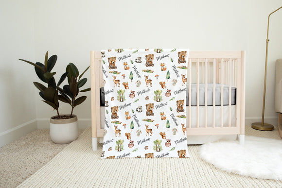 Woodland Swaddle Set, Woodland Baby Blanket, Personalized Swaddle Blanket, Woodland Animal Baby Blanket, Custom Name Blanket, Woodland Nurse