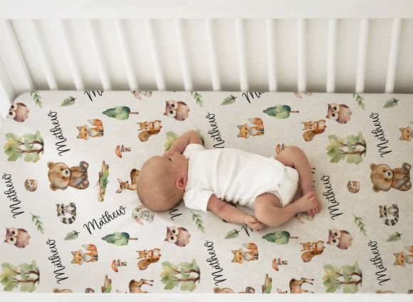 Woodland Crib Sheet, Woodland Baby Blanket, Personalized Swaddle Blanket, Woodland Animal Baby Nursery, Custom Name Blanket, Woodland Baby
