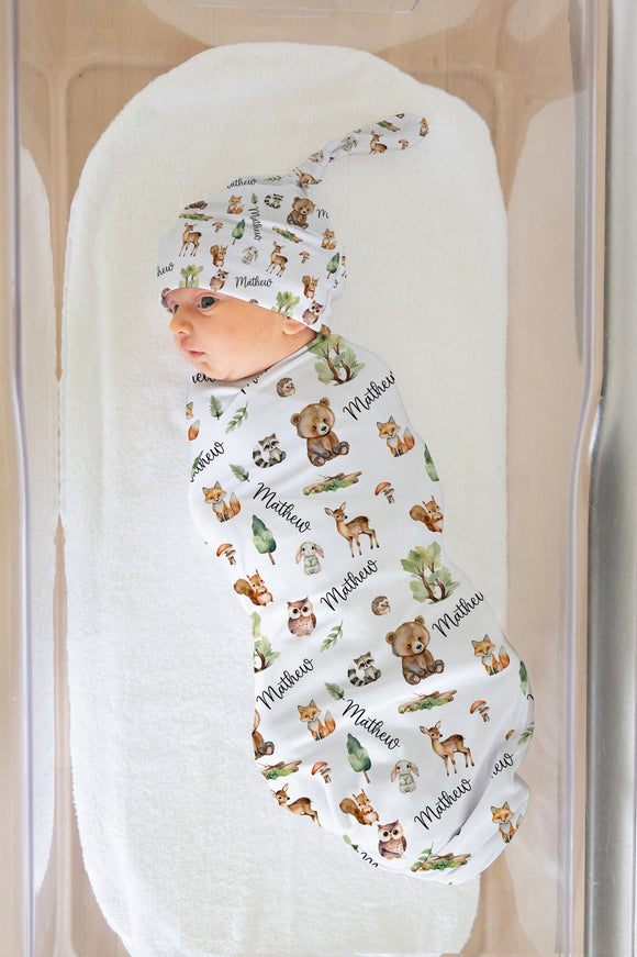 Woodland Swaddle Set, Woodland Baby Blanket, Personalized Swaddle Blanket, Woodland Animal Baby Blanket, Custom Name Blanket, Woodland Nurse