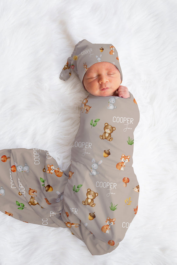 Woodland Personalized Swaddle Set, Baby Woodland Blanket, Custom Name Blanket, Hospital Blanket, Baby Shower Gift, Name Blanket, Car Seat