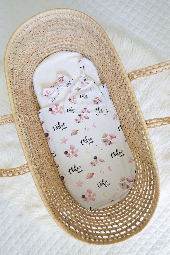 Custom Pink Girl Space Swaddle Blanket, Personalized Galaxy Baby Blanket, Newborn Swaddle, New Baby Gift, Rocket Astronaut Swaddle, Space