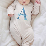 Personalized neutral baby romper and hat set, custom infant boy coming home outfit, baby shower gift, sleeper with footies