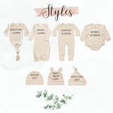Personalized neutral baby romper and hat set, custom infant boy coming home outfit, baby shower gift, sleeper with footies