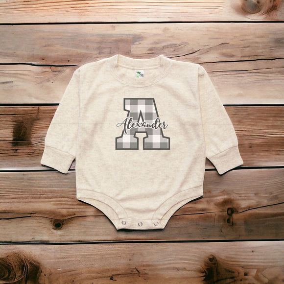 Personalized Neutral Baby Romper Set, Custom Infant Baby Coming Home Outfit, Baby Shower Gift, Sleeper With Footies, Buffalo Plaid Print