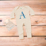 Personalized neutral baby romper and hat set, custom infant boy coming home outfit, baby shower gift, sleeper with footies